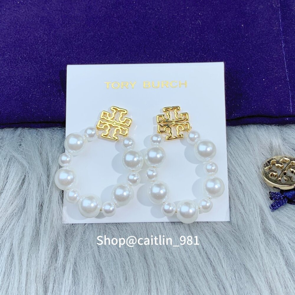 Tory Burch Britten Pearl Hoop Earrings in Tory Gold (Brand New with Dust Bag) - Picture 1 of 5